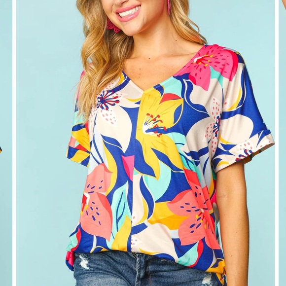 Prep Obsessed Lilly Tropical Floral Pop Drop Shoulder Top - Navy & Yellow - Picture 5 of 9